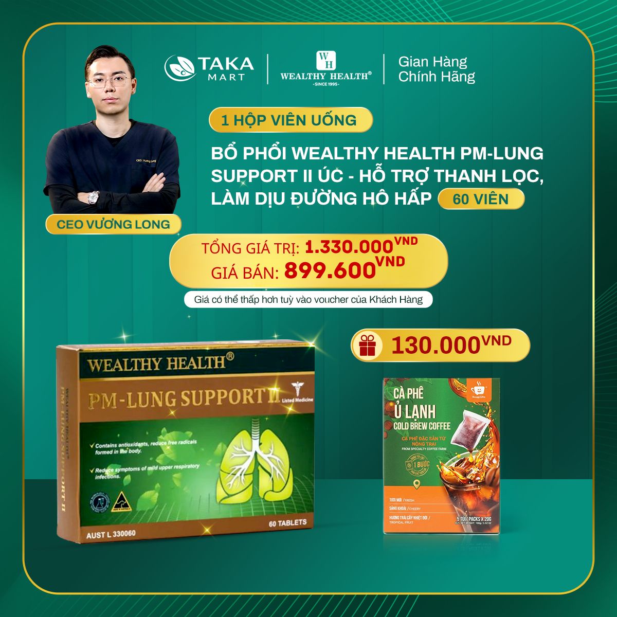 Viên Uống Bổ Phổi WEALTH HEALTH PM - LUNG SUPPORT II Úc Giảm Ho, Long Đờm, Giảm Viêm Đường Hô Hấp